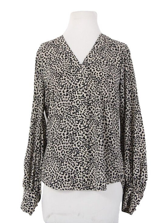 Express Top Sz SP Black Tan Animal Print V Neck 100% Polyester Top - Picture 1 of 12